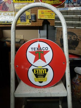 Vintage Old Texaco With Ethel Porcelain Metal Sign And Gas Station Pump Oil Soda