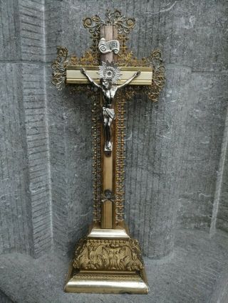 Antique Altar Standing Ornate Wood Filigree Cross Crucifix Metal Jesus Corpus.  -