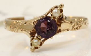 Lovely Vintage 14k Yellow Gold Ring With Amethyst And Pearls 2.  4 Grams D12