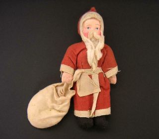 Antique Vintage Father Christmas Doll & Toy Sack Composition Face Cloth Body