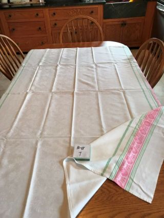Charming Vintage White Damask Tablecloth W Pink & Green Border 54 " By 64 "