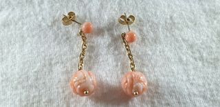 Vintage 9ct Yellow Gold Carved Coral Drop Earrings - 3.  8 Grams