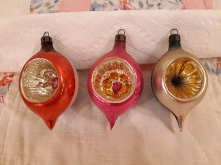3 Vintage Poland Indent Tear Drop Mercury Glass Christmas Ornaments Glitter