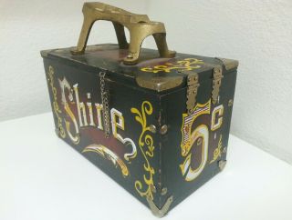 Vintage Antique Shoe Shine Box Metal Foot Rest 5 Cent Display 2