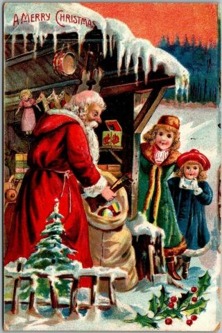 Vintage Christmas Postcard Balding Santa Claus In Red Robe / Children - 1908