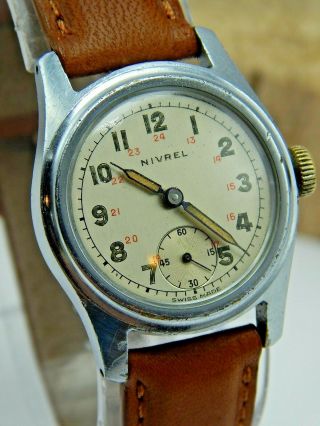 Vintage 1940s Wwii Era Nivrel Military Style Wrist Watch 15j Swiss 24hr