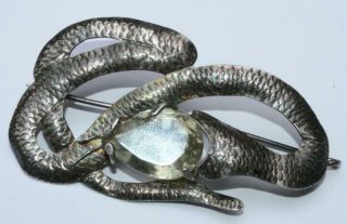 Vintage Unique Handmade Sign Lw 925 Sterling Silver Snake Brooch W/ Light Topaz