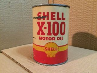 Vintage Shell X - 100 Motor Oil Can Metal Full Mobil Sinclair Tydol Conoco Texaco
