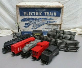 Vintage Happi Time Marx Train Set Engine 4 Cars Track Transformer Railroa