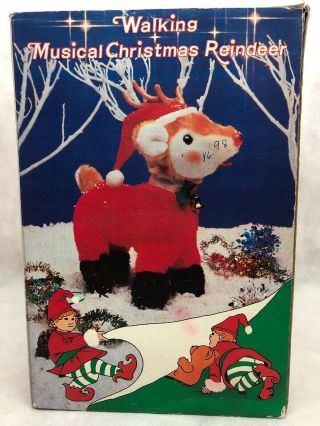 Vintage Walking Musical Christmas Reindeer Orig.  Box Nose Lights Up Music