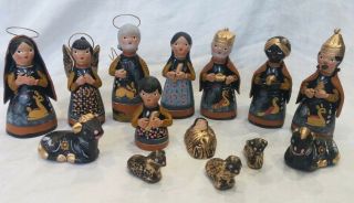 Vintage Handmade Painted 14 Piece Clay Russian Christmas Nativity Set Figurines