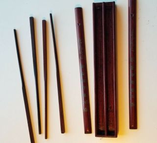 VINTAGE Chinese carved engraved wood wooden chopstick chopsticks set slide box 2
