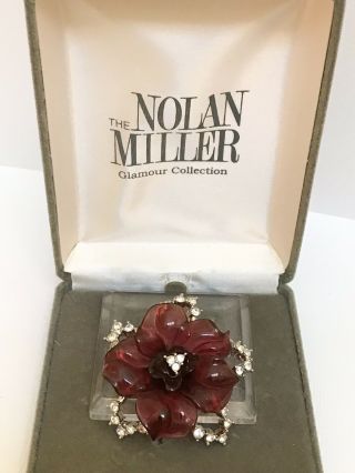 Vintage Signed Nolan Miller Purple Lucite Rhinestone Rose Flower Brooch W Box