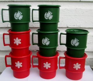 Vintage Tupperware Christmas Holiday Mugs Cups Coasters Green Dove Red Snowflake
