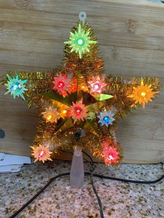 Retro Christmas Gold Tinsel Star Light Up Tree Topper Electric Vintage 6.  5 " Tall