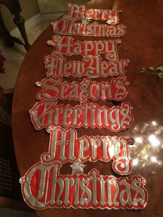Set Of 4 - Vintage Die Cut Merry Christmas Embossed Foil Decorations Aluminum