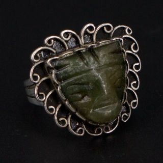 Vtg Sterling Silver - Mexico Carved Aventurine Face Mask Ring Size 7.  5 - 6g