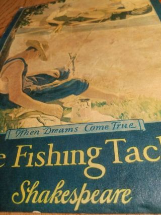 1930s Vintage Shakespeare Fishing Tackle Dealer Sign Old Boat Lure Fly Reel Rod