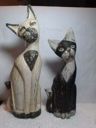 2 Vintage Folk Art Carved Wood Cat Sculptures,  Statues,  Figurines