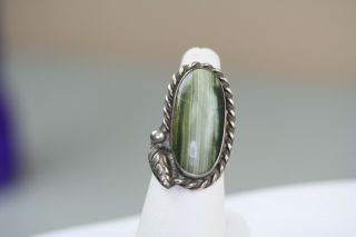 Vintage Green Petrified Wood ? Navajo Ring Signed With Pictograph Size 6.  75