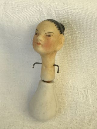 Antique German Bisque Miniature Dollhouse Oriental Doll Head Swivel Neck Bonnet