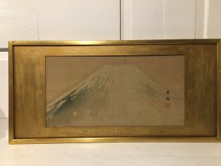 19th C View Of Mt Fuji Watercolor On Silk Gilt Frame Signed
