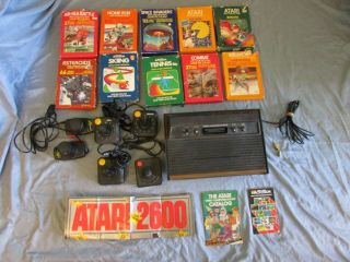 Vintage Atari Model Cx - 2600 Video Game Console W/ 10 Games 4 Joysticks & Paddles