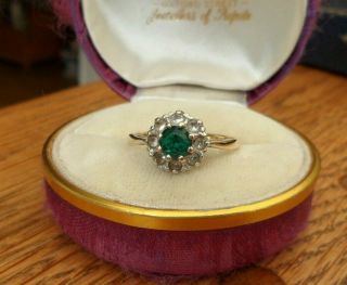Vintage Jewellery 9ct Gold Emerald Green & Clear Paste Cluster Ring Hallmarked