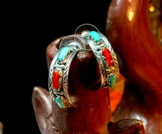 Zuni F.  Cheama Vintage Native Sterling Silver 925 Turquoise Coral Earrings Hoop