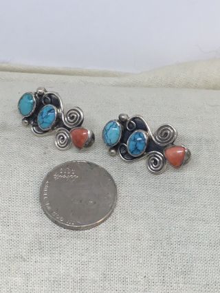 Vintage Sterling Silver Turquoise Coral Navajo Earrings Tonya J Rafael 9 - 19
