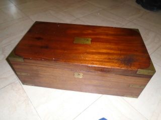 Antique Large Brass Bound Mahogany Writing Slope Desk Top Wooden Storage Box