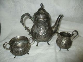 Three Piece Antique Norwegian 830 Purity Fine Silver Coffee Tea Set 555.  4 Grams