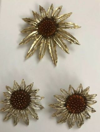 Vintage Sarah Coventry Signed Brooch And Clip On Earrings Set Sunflowers
