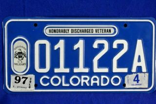 U.  S.  Military Honorably Discharged Veteran " 01122a " Colorado License Plate.