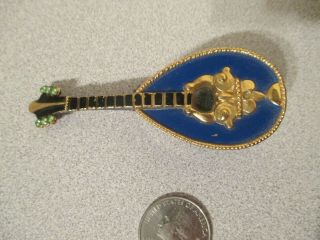 Vintage Doll House Miniature Metal Mandolin,  Blue And Gold,  Actually Pill Box