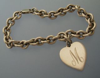 Vintage Signed Doskow Sterling Silver & Heart Charm Initial " M " Chain Bracelet