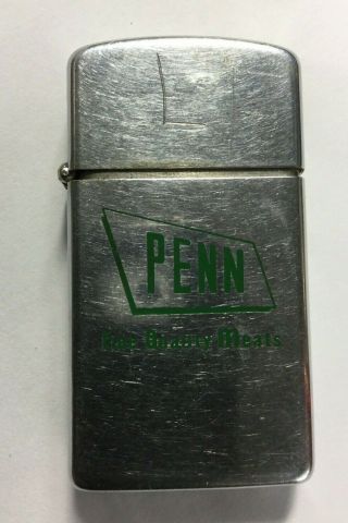 Vintage Slim Zippo Refillable Lighter Advertising Penn Fine Quality Meats