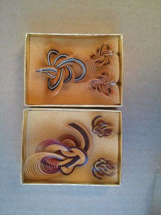 Vintage Hand Made Sculpture Bamboo Twisted 3d Brooch Earrings Gold/yellow Set