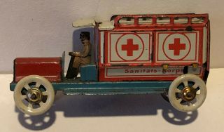 Antique Penny Toy - German Tin Litho Wwi Era Red Cross Truck With Driver
