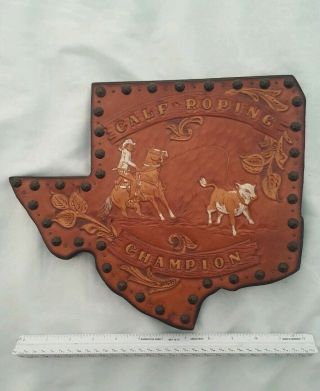Vintage Calf Roping Rodeo Trophy Plaque Western Motif Decor Leather & Wood