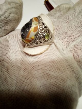 Vintage.  925 Silver Scroll Filigree Ring with Drusy Quartz & Peridot 1 DAY 3
