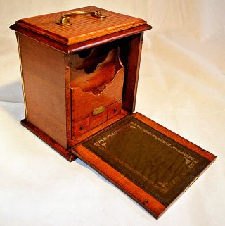 Victorian Oak Stationery Box With Writing Slope,  Inkwell & Key,  Circa 1875