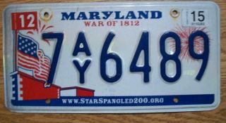 Single Maryland License Plate - 2015 - 7ay6489 - War Of 1812