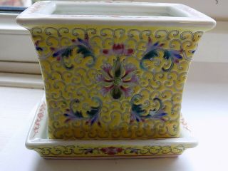 Antique Chinese Yellow Glaze Porcelain Small Rectangular Plant Pot & Under Dish