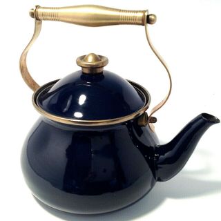 Vintage Enamel & Brass Tea Kettle.  Cobalt Blue With Brass Handle & Trim 10 1/2 " W
