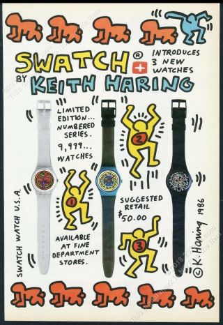 1985 Swatch Watch Keith Haring Limited Edition Models & Art Big Vintage Print Ad