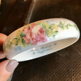 Vintage Porcelain Ceramic Hand Painted Rose Flower Bangle Bracelet Boho Signed