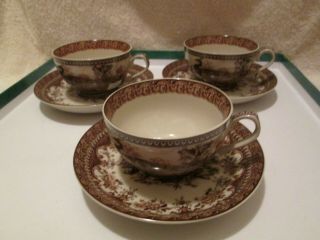 Vintage Transferware Brown Peacocks W/white Floral 3 Cups & 3 Saucers Gentle Us