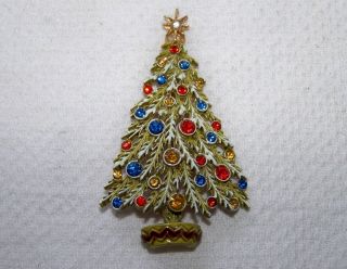 Vintage Art Signed Gold - Tone Flocked Christmas Tree Enamel & Rhinestone Brooch