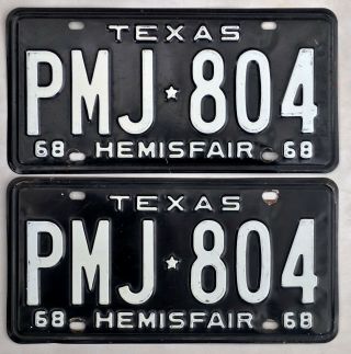 Vtg 1968 68 Pmj 804 Texas Car Auto Hemisfair License Plate Pair Set Unrestored